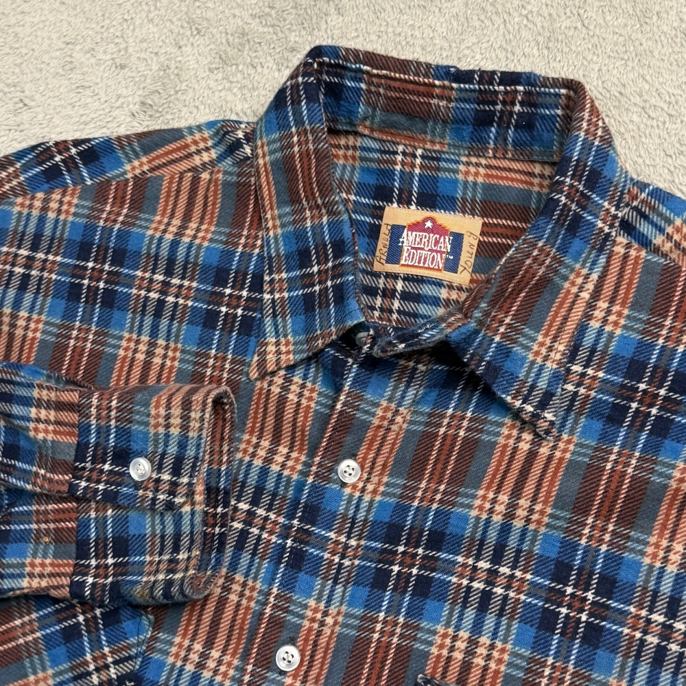 American Edition Mens Blue Brown Plaid Flannel Button Up Shirt Long Sleeve Large